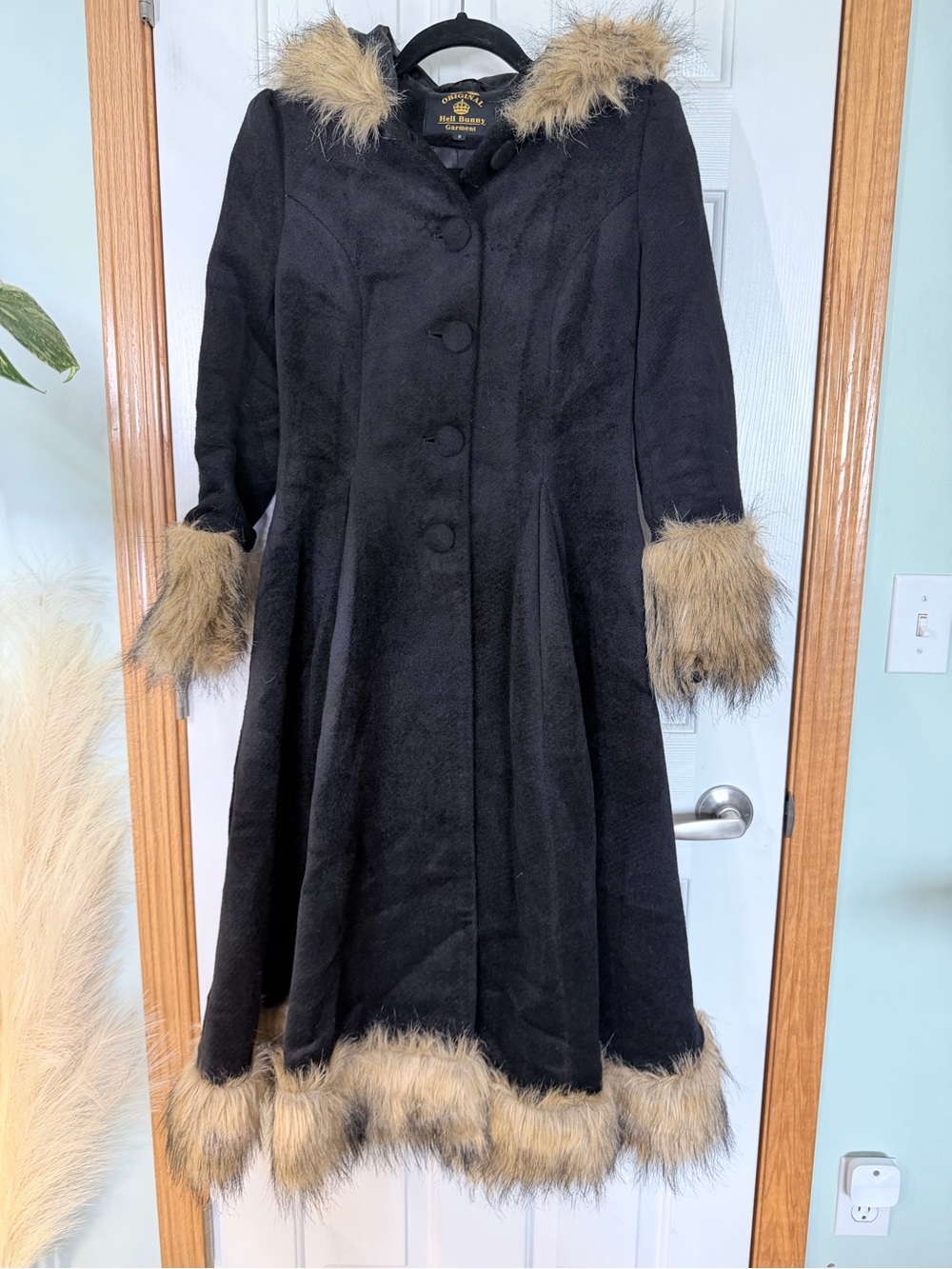 Hell Bunny Black Faux Fur Trimmed Coat